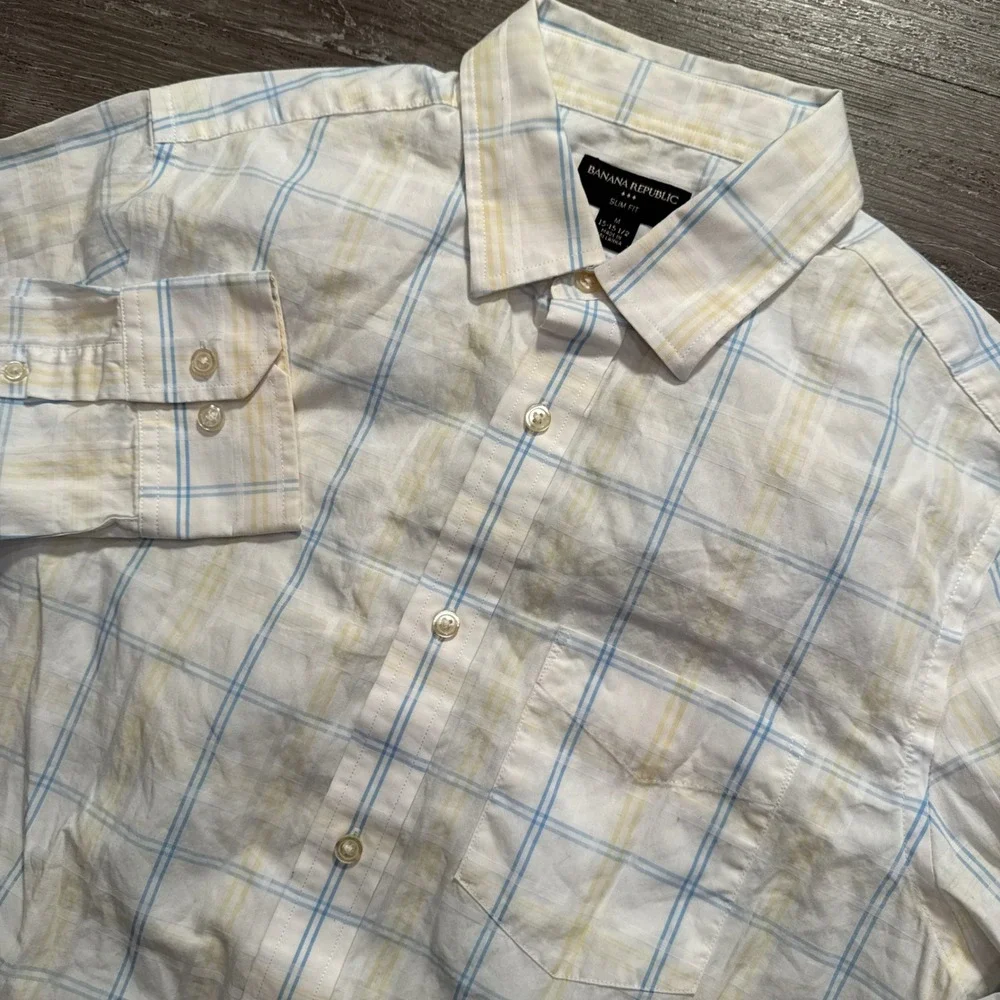 Banana Republic Shirt Mens M White Blue Yellow Cotton Slim Plaid Preppy Summer